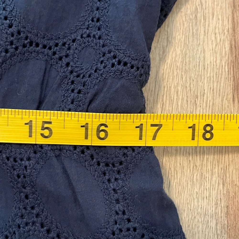 J Crew Navy Blue‎ Cotton Eyelet Dress V Neck 3/4 Sleeve Scalloped Hem Women's 14